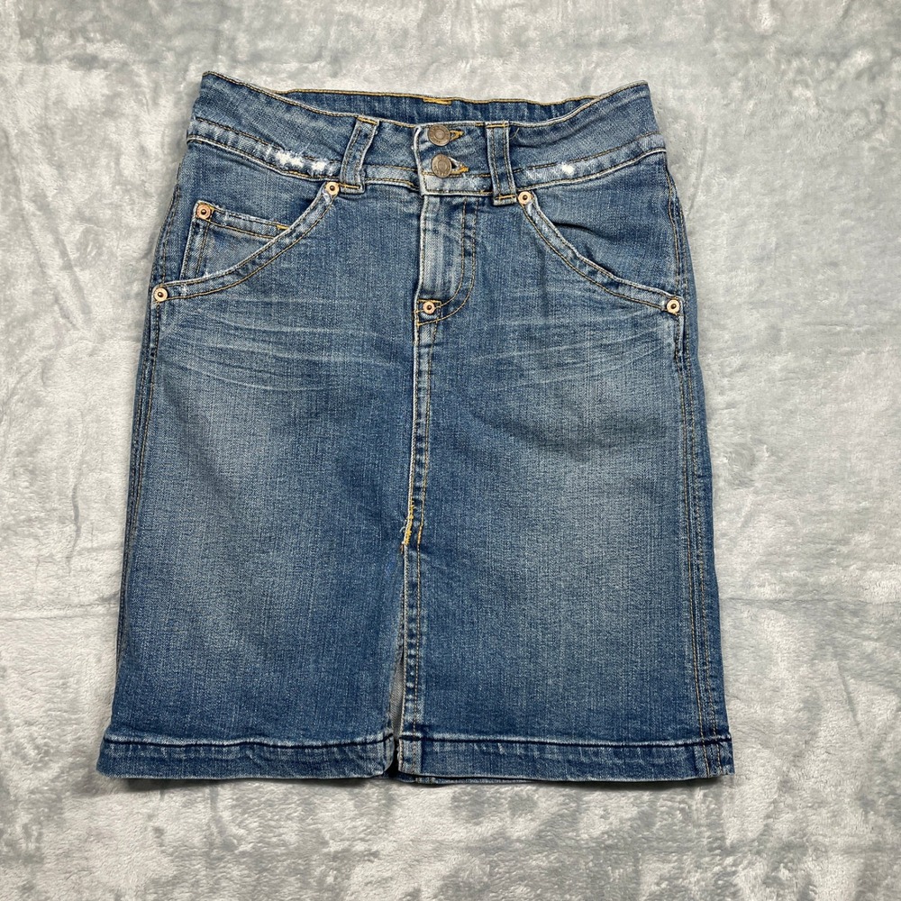 Hudson Jeans Womens Blue Denim Distressed Front Slit Short Pencil Skirt Size 26